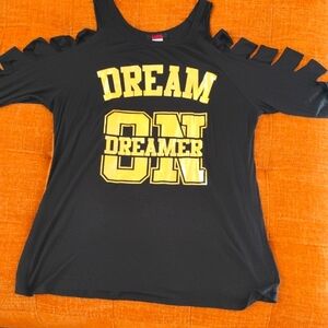 Black Cutout Sleeve Top with Gold Print